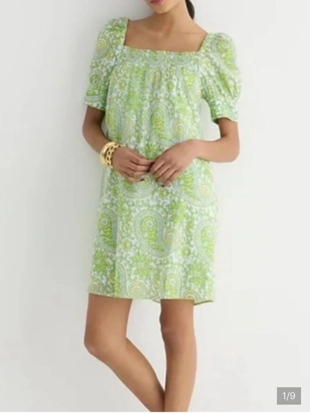 Sz blockprints j.crew Keely mini dress lime green paisley L